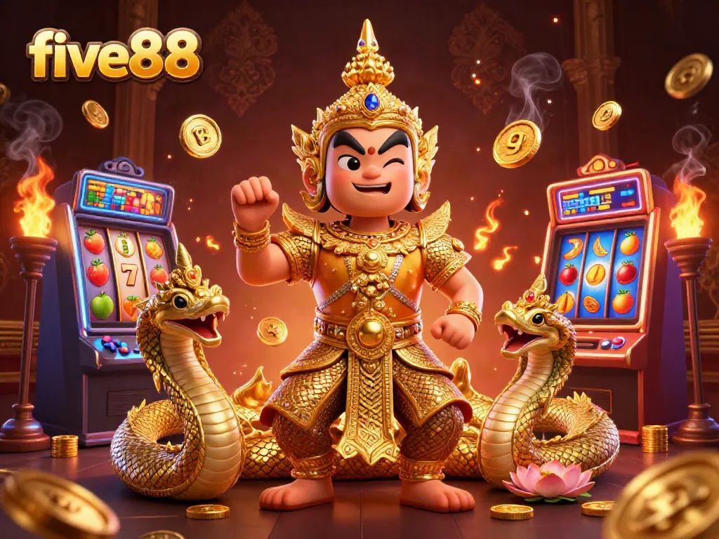 Experience winning strategies at five88 with a vibrant casino illustration showcasing slot machines and a Thai guardian.