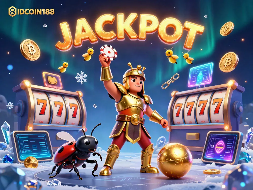 Experience winnings at IDCOIN188 with a victorious beetle and vibrant casino elements.