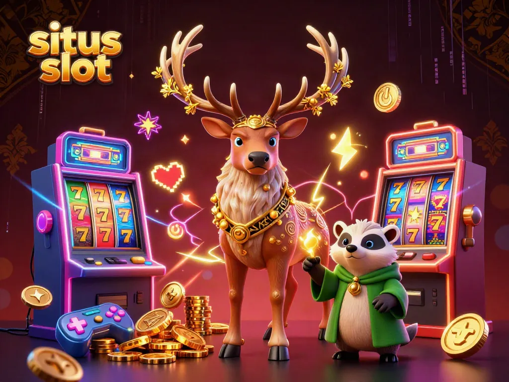 Experience the magic of situs slot with enchanting characters and vibrant slot machines in a dynamic scene.