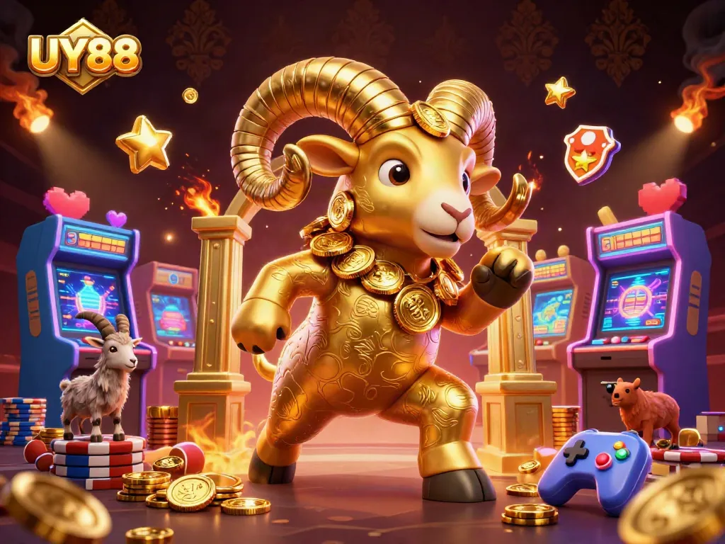 Experience thrilling gameplay at UY88, where the golden ram charges through a vibrant casino scene.