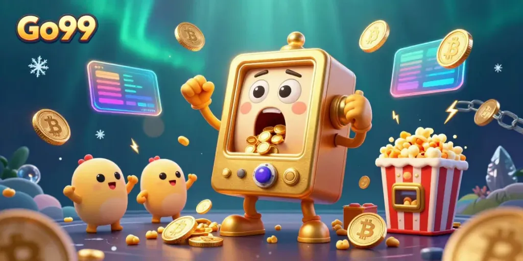 Experience the thrill of Go99's jackpot with the golden slot machine, coins pouring out and celebrating machines cheering.