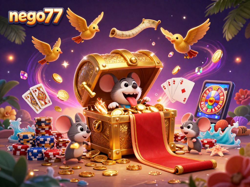 Experience thrilling gameplay at nego77 with lively casino elements, including golden coins and vibrant cards.
