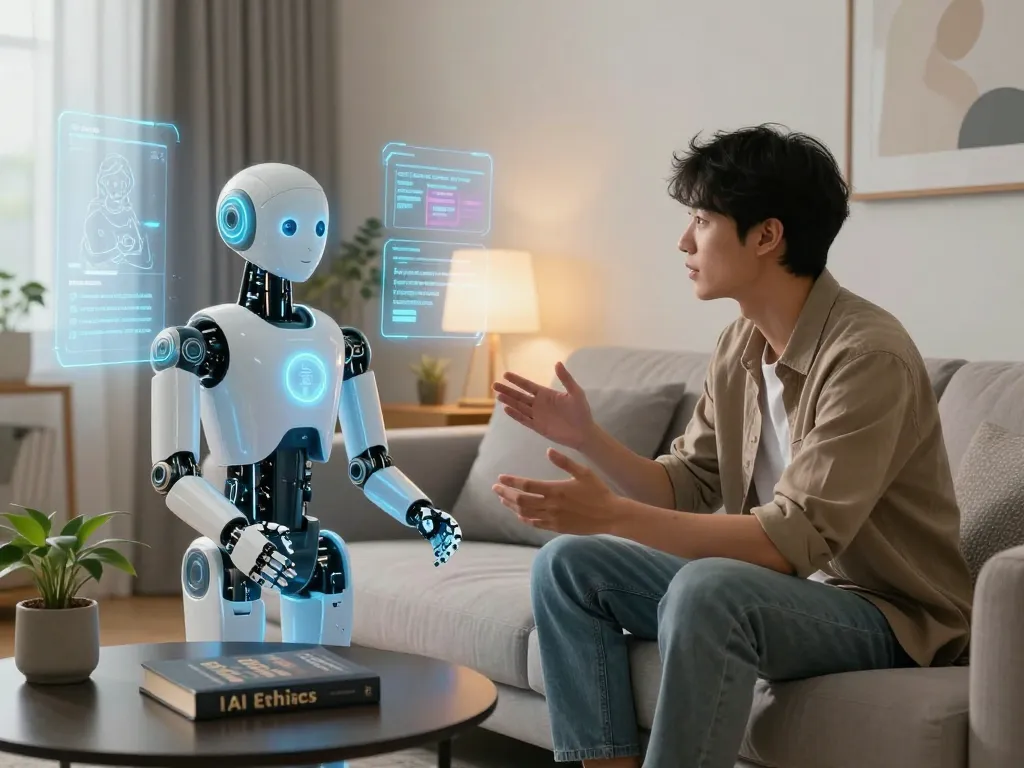 Engaging moment between a human and AI companion exploring concepts of ai sex in a modern living space.