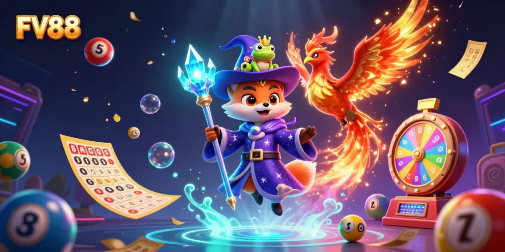 Experience the vibrant FV88 online gaming scene with a cartoon wizard, phoenix, and mystical elements.