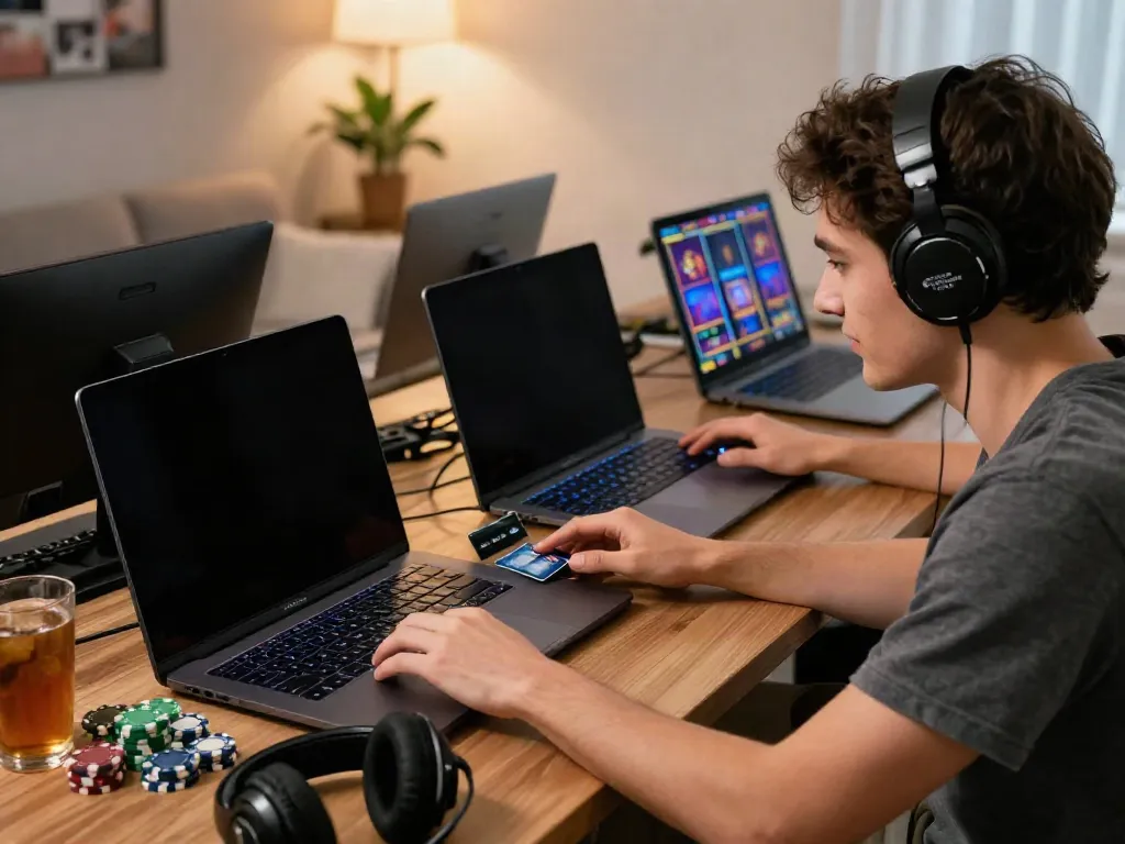 Couple enjoying mastercard casinos at home with laptop and chips