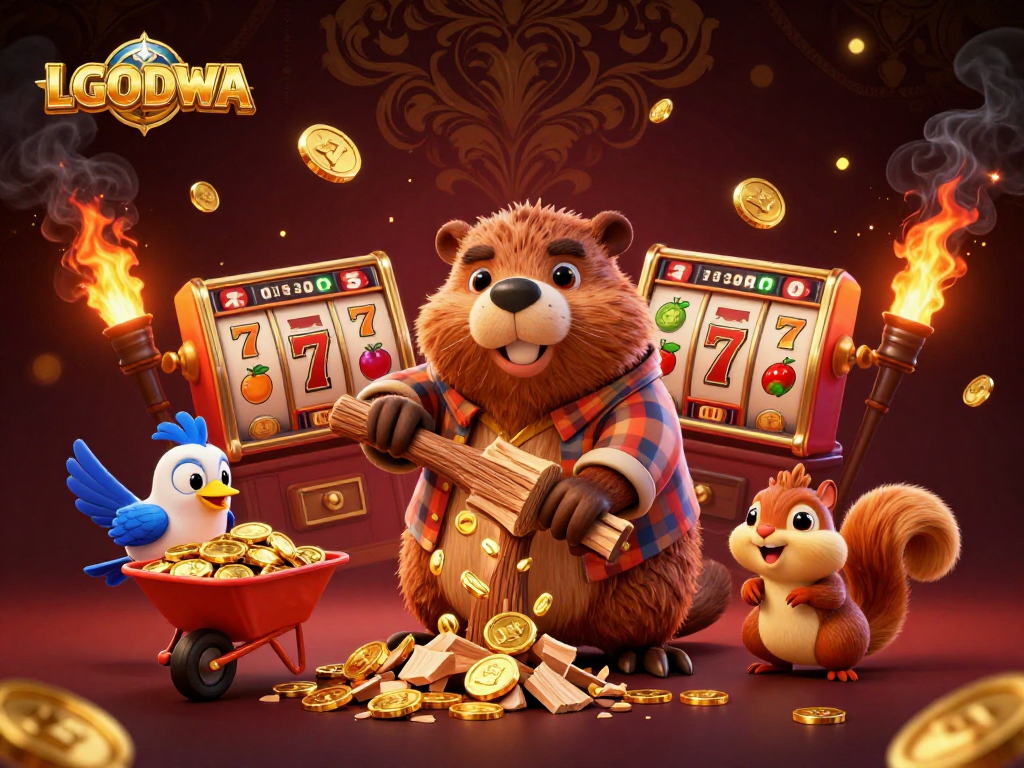 Experience the thrill of LGODEWA with a beaver, bird, and squirrel in a vibrant casino scene.