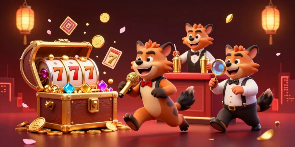 Join the fun at FV88's comedic casino with hyenas entertaining at the bar and stage.