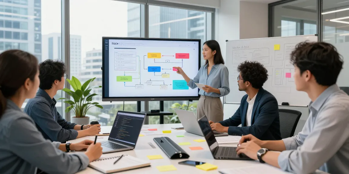 Build internal tools with AI in a collaborative office workspace showcasing diverse professionals presenting innovative solutions.