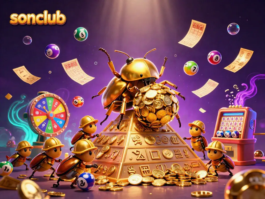 Experience the excitement of sonclub with vibrant casino elements and a golden beetle rolling coins in this dynamic illustration.