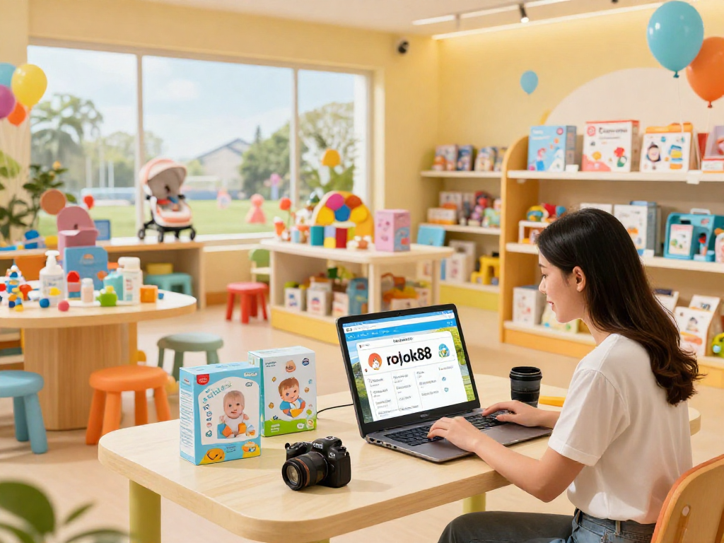 Parent exploring top-selling products from rokok88 in a vibrant e-commerce environment.