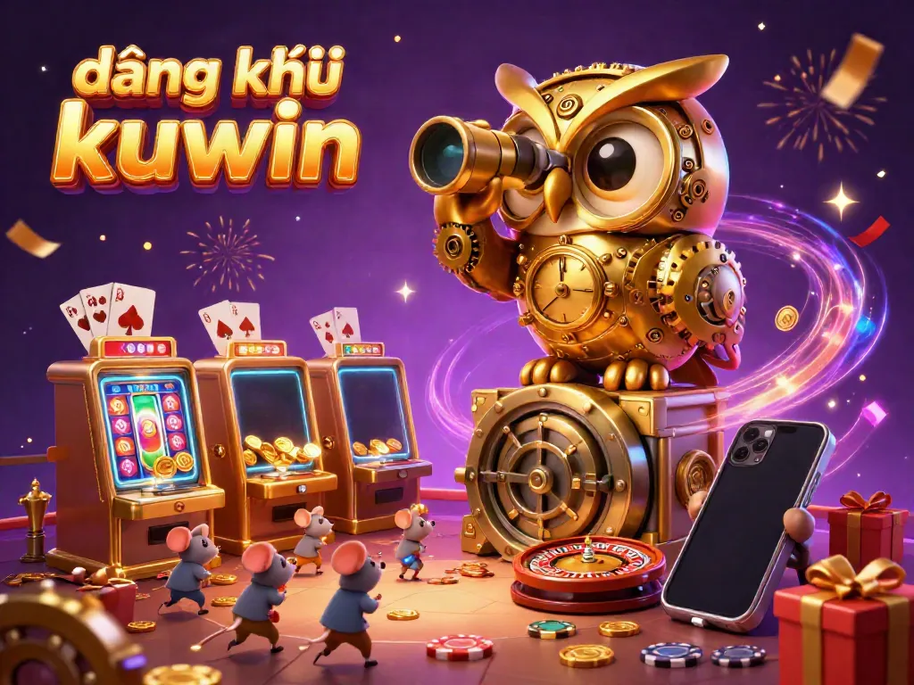 Experience the excitement of đăng ký kuwin with a vibrant 3D casino illustration featuring a golden owl, dynamic slot games, and lively patrons.