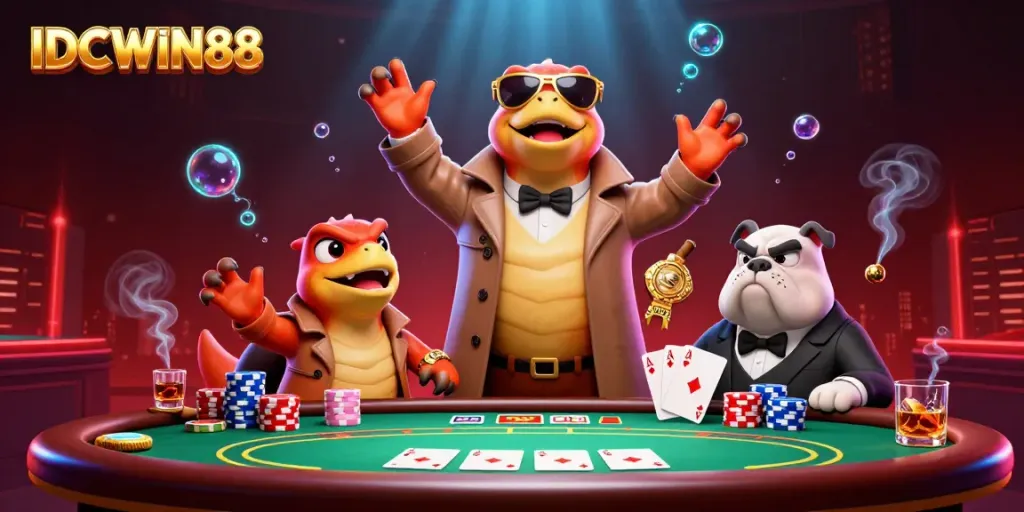 Raptors dressed in a trench coat attempt to access VIP lounge at IDCWIN88 casino, surrounded by poker chips and cards.