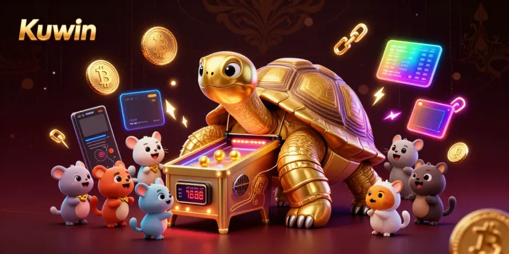 Kuwin colorful casino illustration, featuring a colossal tortoise and vibrant crypto elements in action.