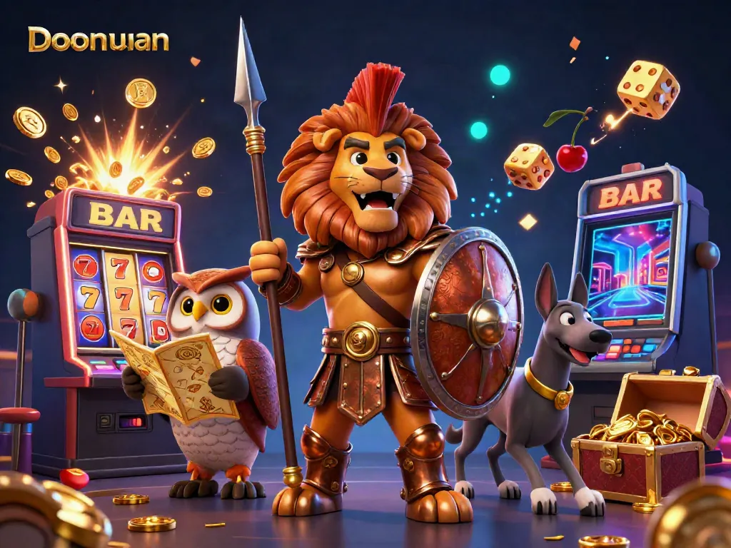Doomuan offers an exciting online gaming experience with a Spartan lion, owl strategist, and greyhound messenger amidst vibrant casino elements.