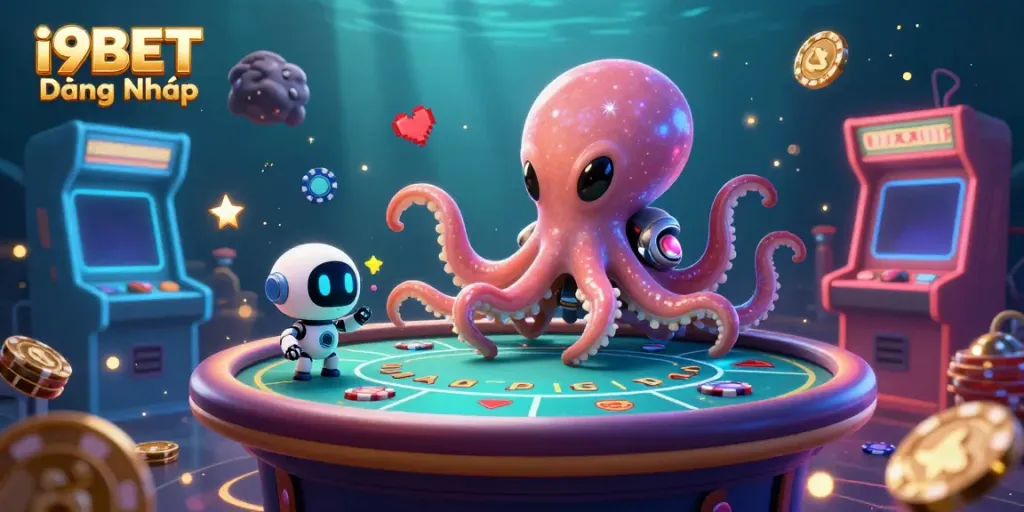 Experience thrilling gameplay with i9BET Đăng Nhập amid vibrant casino elements and a cartoon octopus.