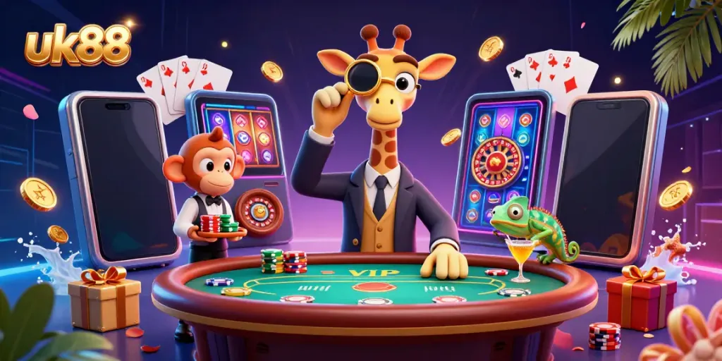 Engaging a thrilling game at uk88 casino with a high roller giraffe, monkey valet, and cocktail chameleon.