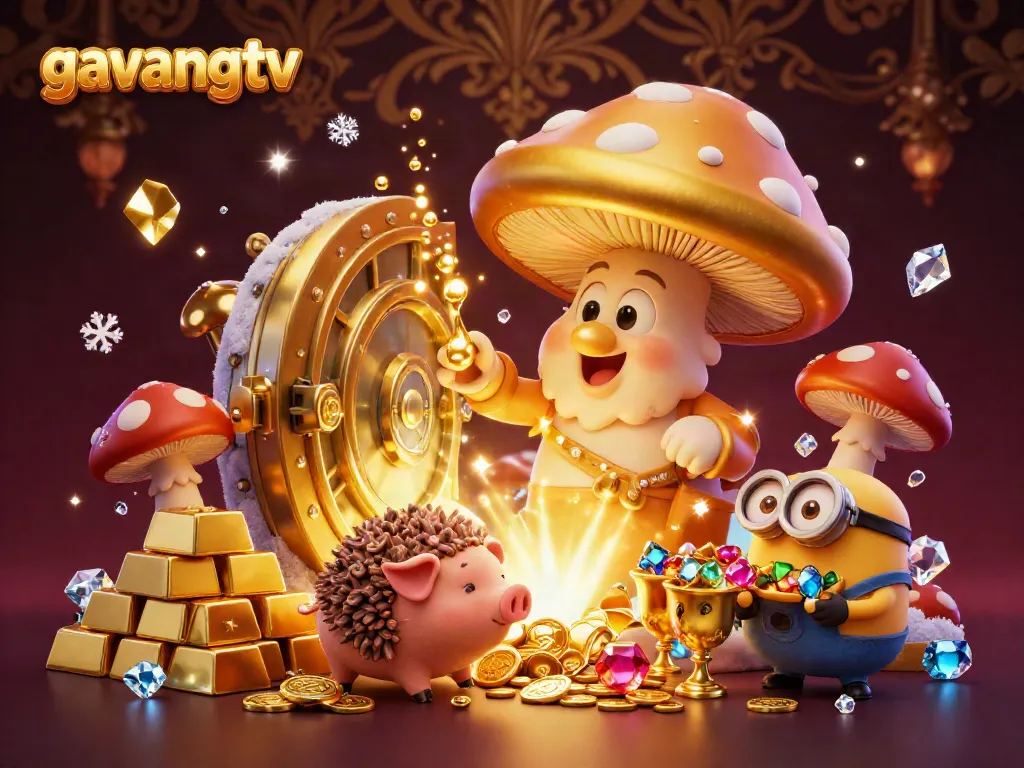 Experience the magic of gavangtv with golden treasures and gem-laden characters in a vibrant casino scene.