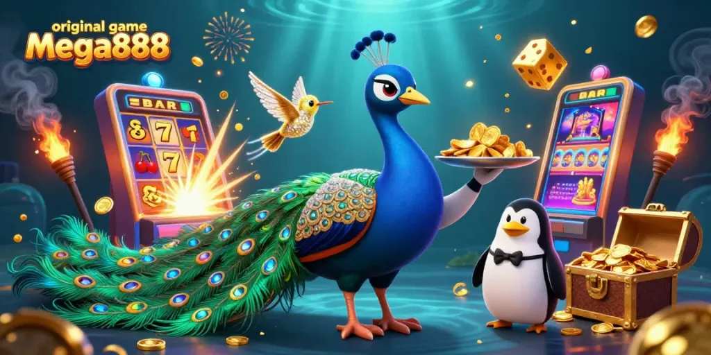 Experience the thrilling original game mega888 with vibrant 3D casino characters and game elements.