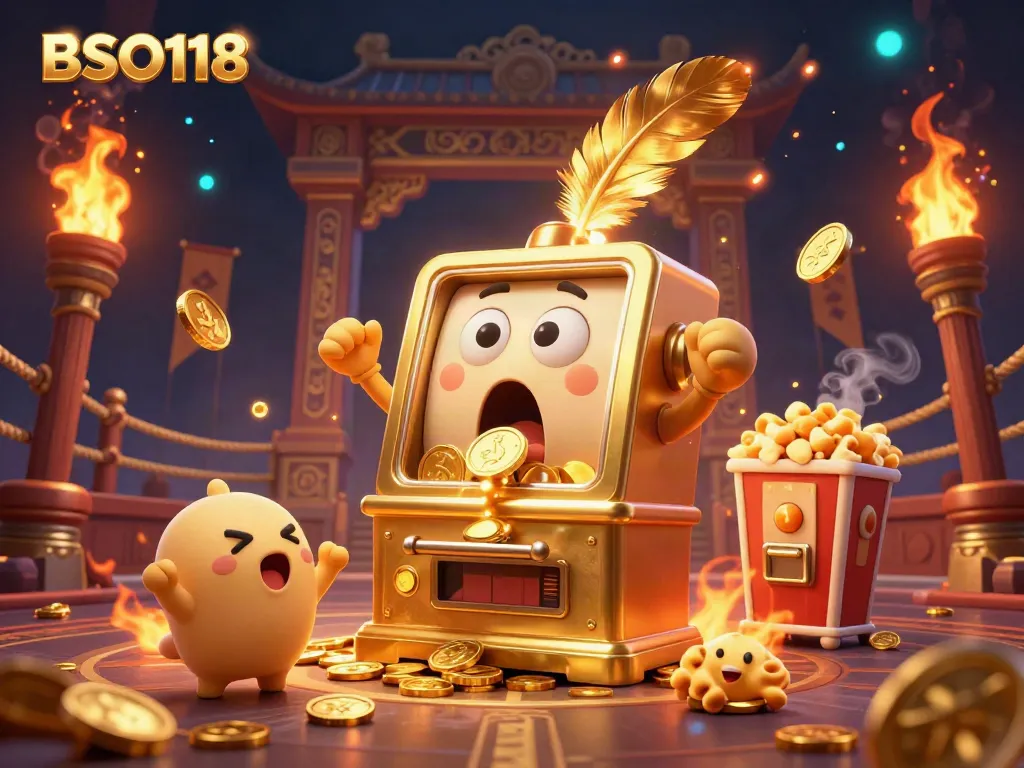 Experience the excitement of BSO118 with a golden slot machine celebrating its jackpot as coins spill everywhere.