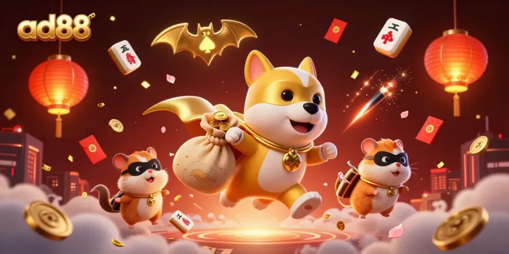 Experience thrilling gameplay at ad88 with a vibrant scene of a cartoon superhero dog and dynamic casino elements.