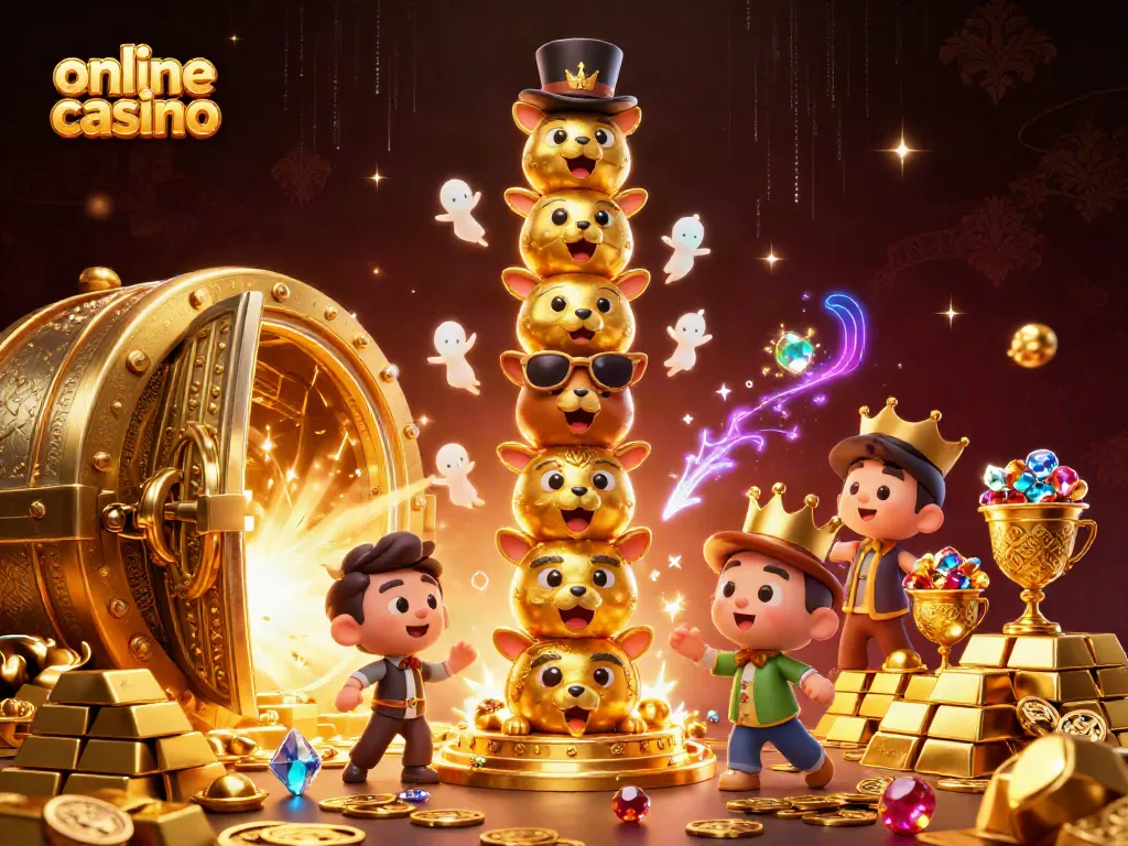 Juega en un casino online con un animado tótem de oro rodeado de tesoros y efectos brillantes.