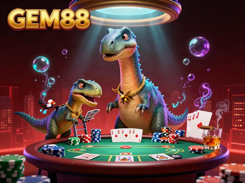Experience GEM88's vibrant casino atmosphere with a cartoon dinosaur and raptor dealer amidst poker action.