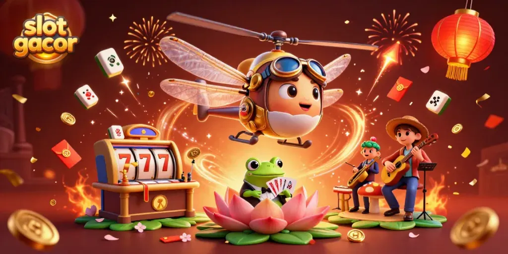 Experience the thrill of slot gacor action with a vibrant casino scene featuring a dragonfly pilot and a frog croupier.