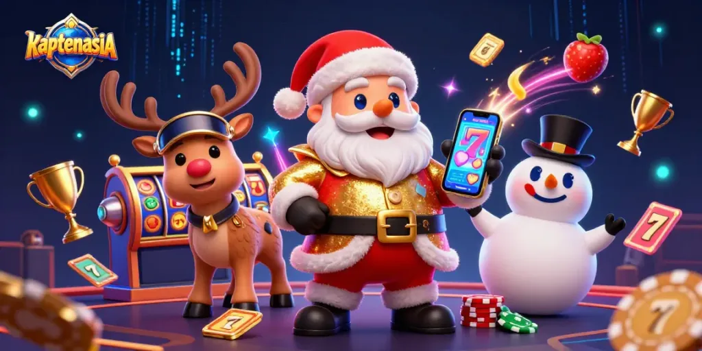 Maximize your payouts with kaptenasia's festive casino scene filled with jackpots, slot reels, and fun characters.