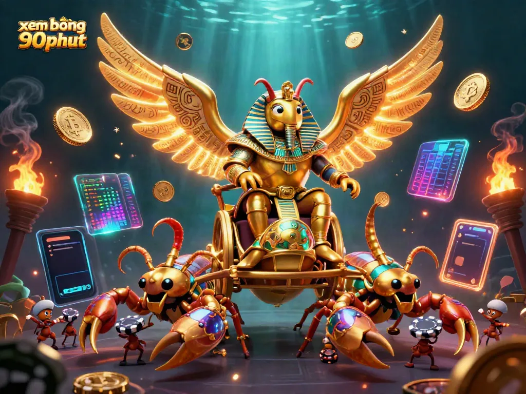 Experience xem bóng 90phut with vibrant golden beetles and scorpions in an exciting casino scene.