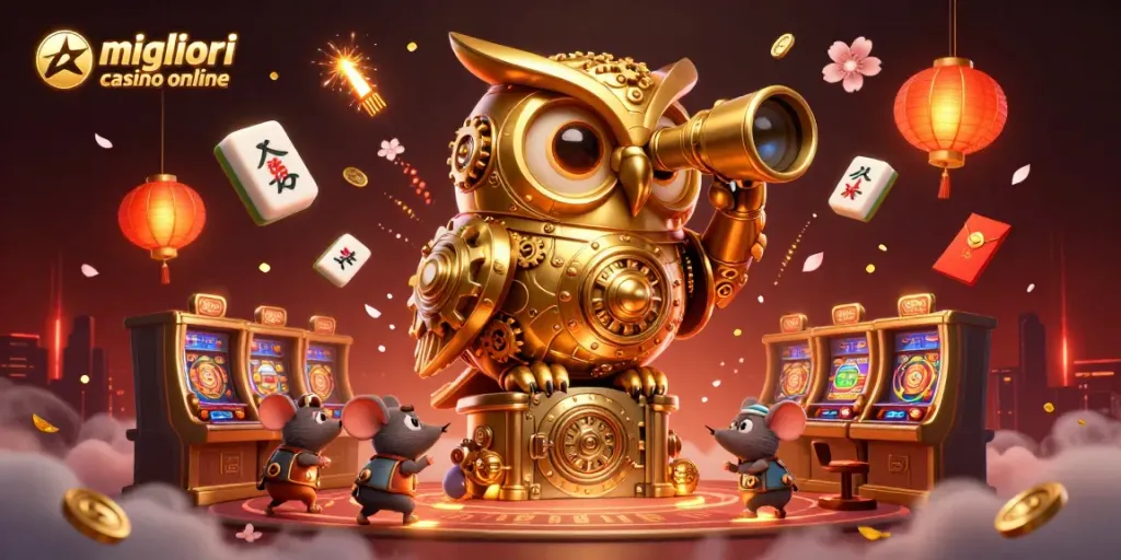Gioca nei migliori casino online con un gufo dorato che sorveglia una sala giochi affollata.