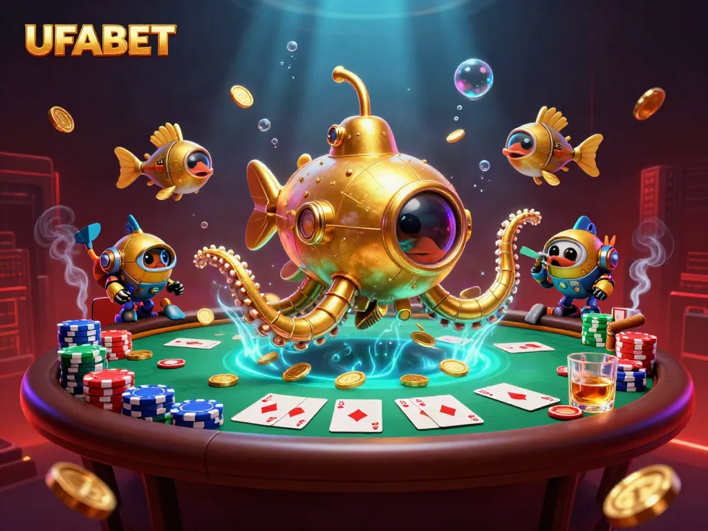 Engage in UFABET's thrilling 3D casino adventure with a golden kraken and poker elements.