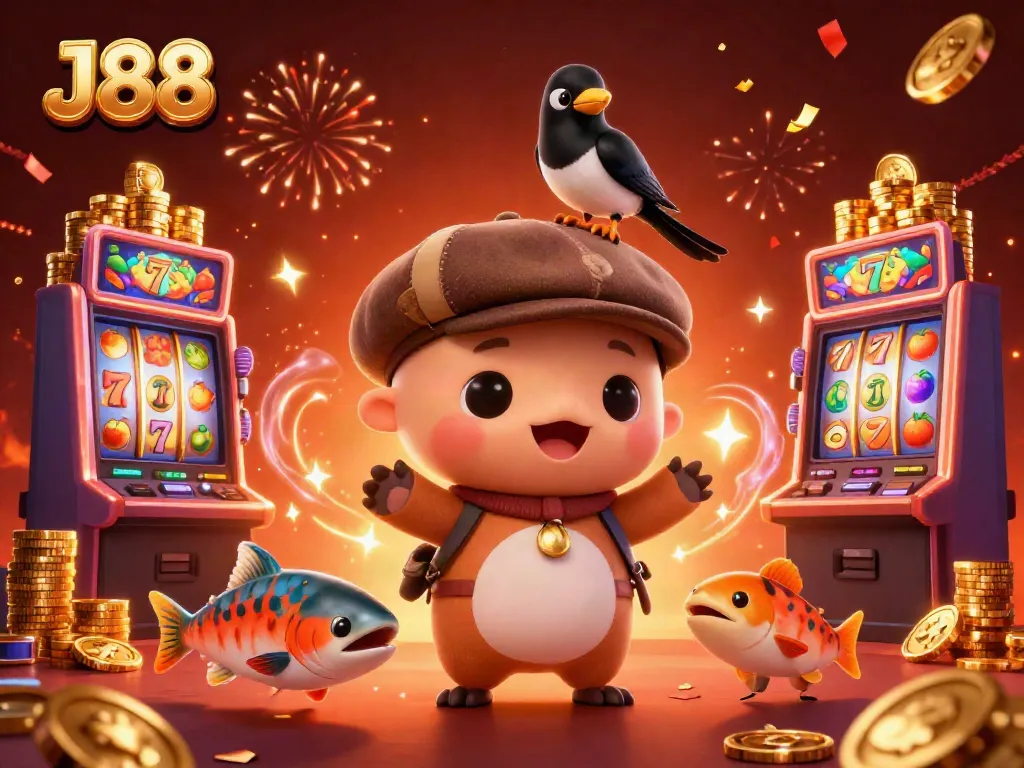 Experience the vibrant world of J88, where 3D Nessie and friends celebrate winning at colorful slot machines in a lively casino setup.