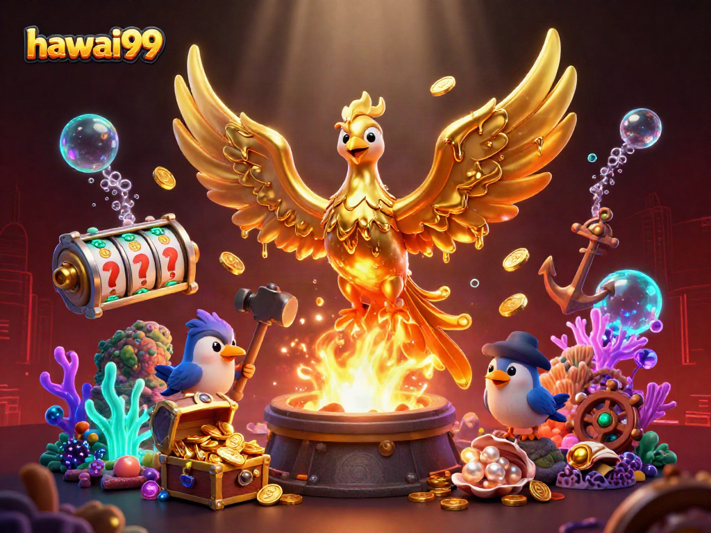 Experience the thrill of winning with hawai99's molten golden phoenix in a vibrant casino scene.