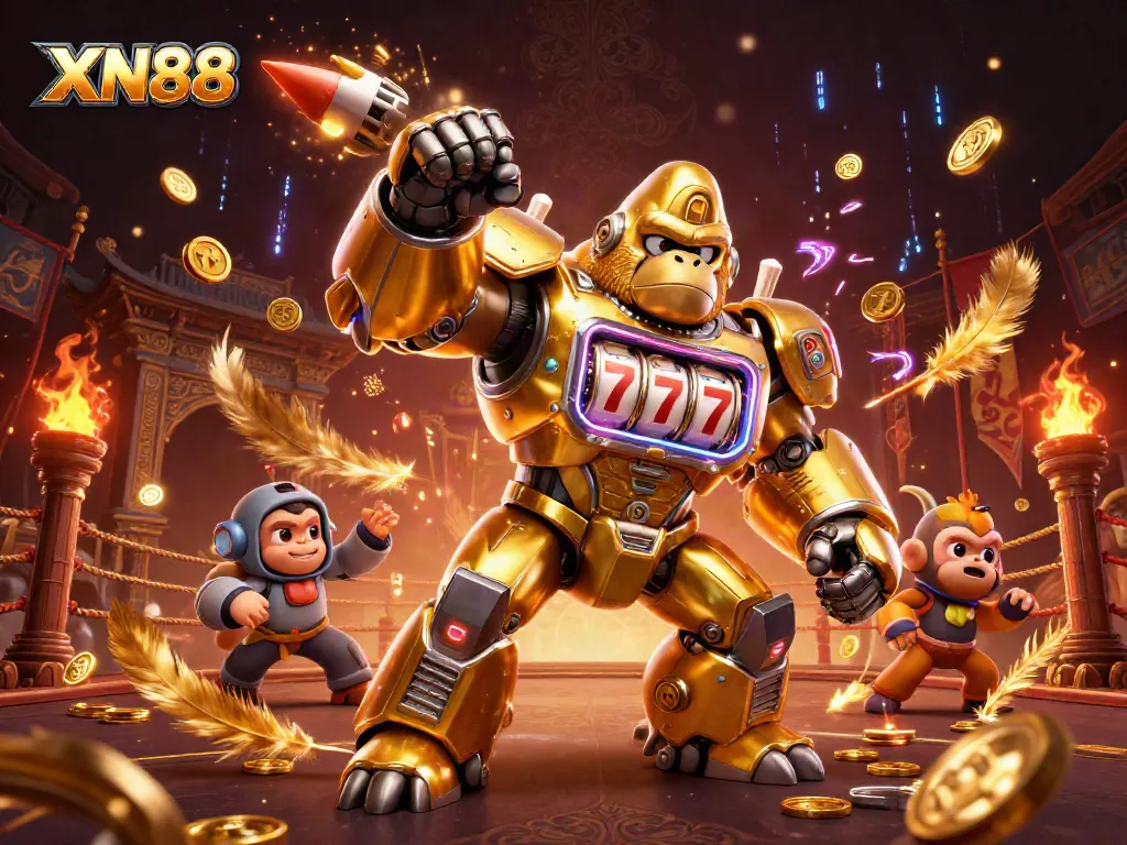 XN88 transforms gaming with slots, golden gorilla mech, and dynamic casino elements amidst a vibrant backdrop.