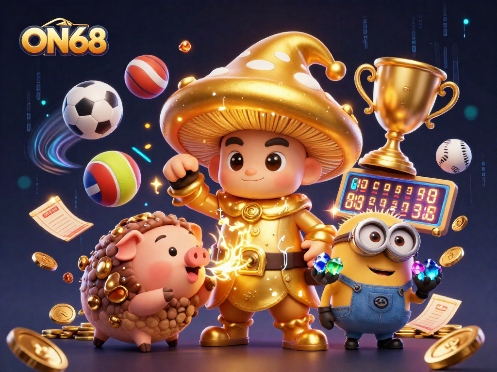 Join the magic of ON68 with a golden mushroom wizard amidst sports and casino elements in action!