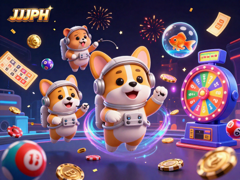Engaging scene featuring JJJPH in a vibrant space station casino with floating gaming elements.