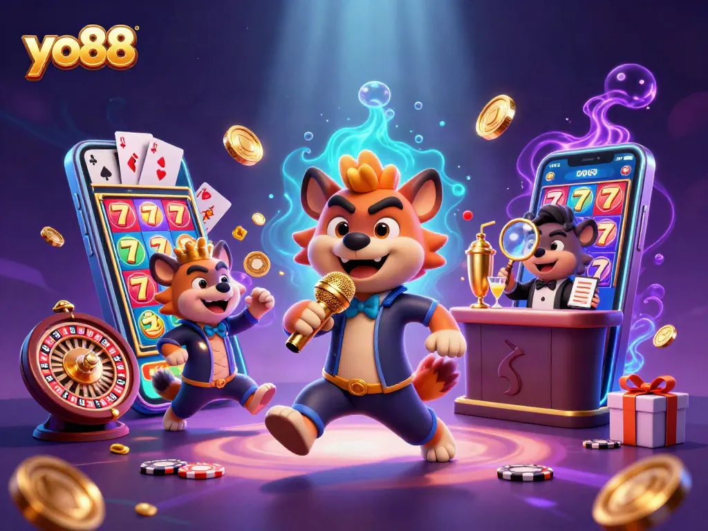 Experience the fun at yo88 with hyenas in a vibrant comedy casino scene, entertaining players!