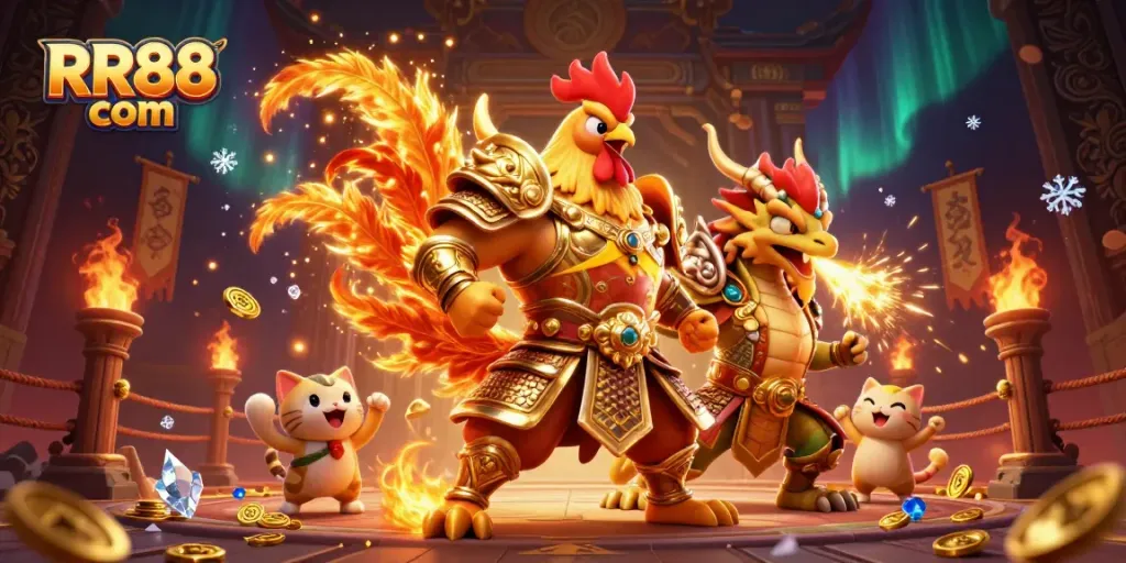 Engage in exciting gameplay with RR88 com's cartoon rooster warrior and dragon amidst a dynamic casino scene.