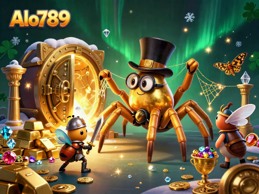 Alo789 showcases a thrilling scene with a giant golden tarantula and beetle knight amid casino treasures, enhancing gambling excitement.