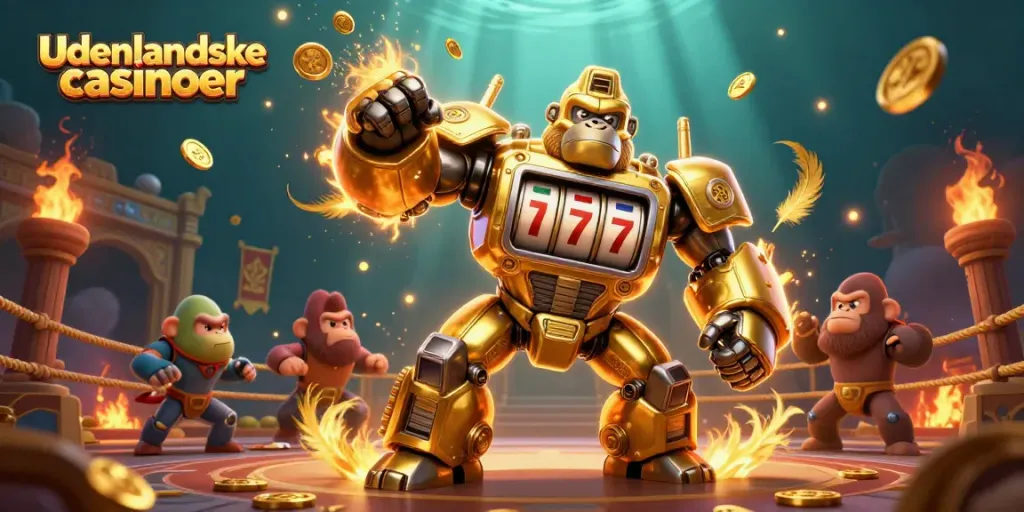 Experience the thrill of udenlandske casinoer with a dynamic 3D gorilla mech, slot machine elements, and vibrant gold.