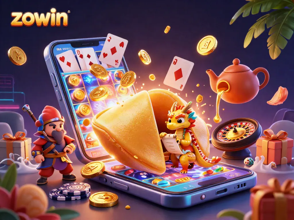 Zowin players enjoying vibrant slot games with dynamic 3D elements and action-packed scene