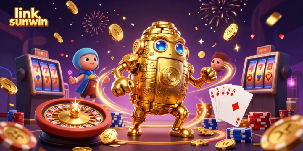Experience excitement at link sunwin with golden treasure and vibrant casino elements in a captivating scene.