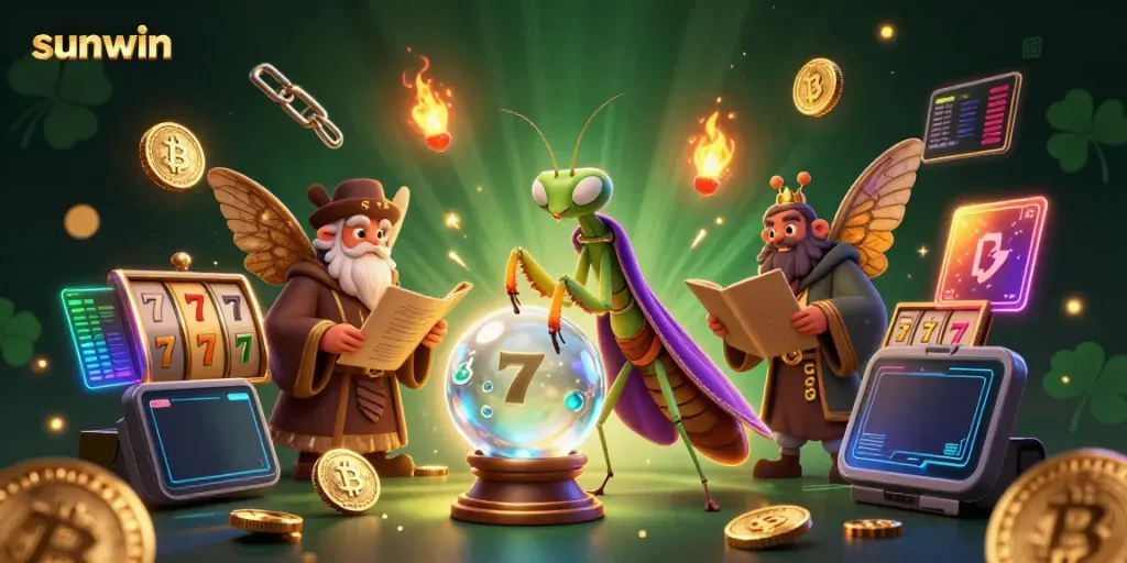 Experience the magic at Sunwin with a vibrant illustration featuring a fortune teller and mystical elements surrounded by thrilling slot games.