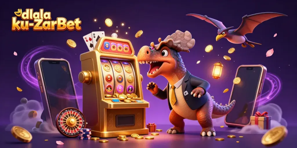 Engaging scene of dlala ku-ZarBet with a pachycephalosaurus celebrating jackpot wins alongside dynamic casino elements.