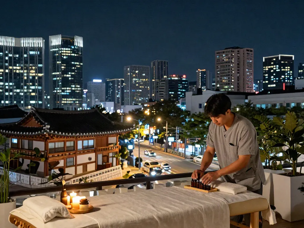 Relaxing 서울후불출장 setup with a cozy massage table and city skyline view.