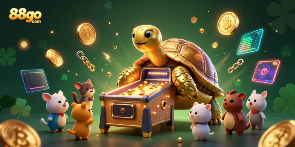 Experience 88go com with a vibrant scene of a golden tortoise playing pinball surrounded by crypto elements and excitement.