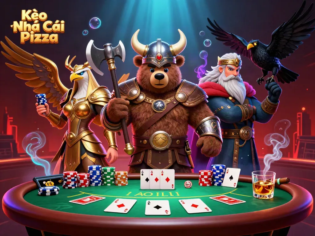 Engage with Kèo Nhà Cái Pizza in this vibrant 3D casino scene featuring a Viking bear and Valkyrie.