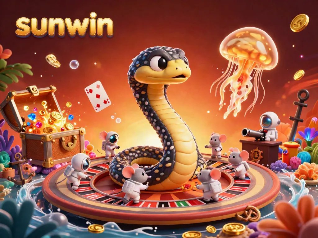 Experience the thrill of gambling with sunwin in a vibrant 3D cosmic scene filled with festive gaming action.