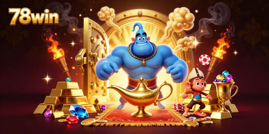 Experience incredible wins with 78win as a vibrant blue genie and monkey create a magical casino atmosphere.
