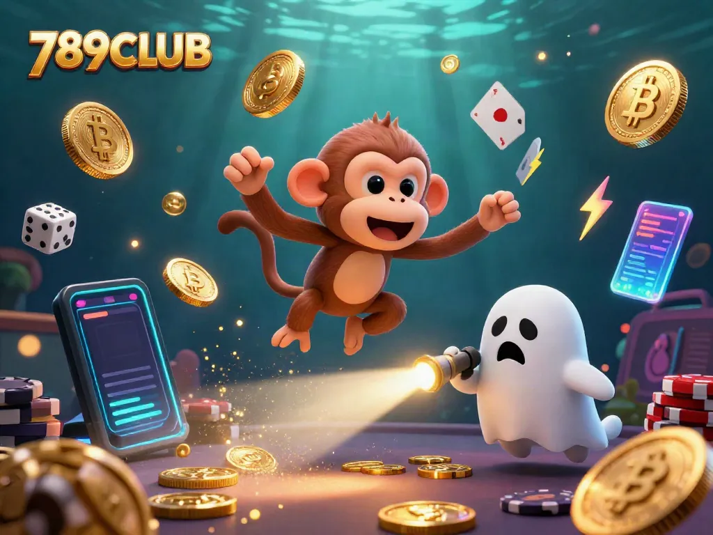 Experience the excitement at 789CLUB with a playful ghost and puppy in a vibrant casino scene, perfect for gamblers.